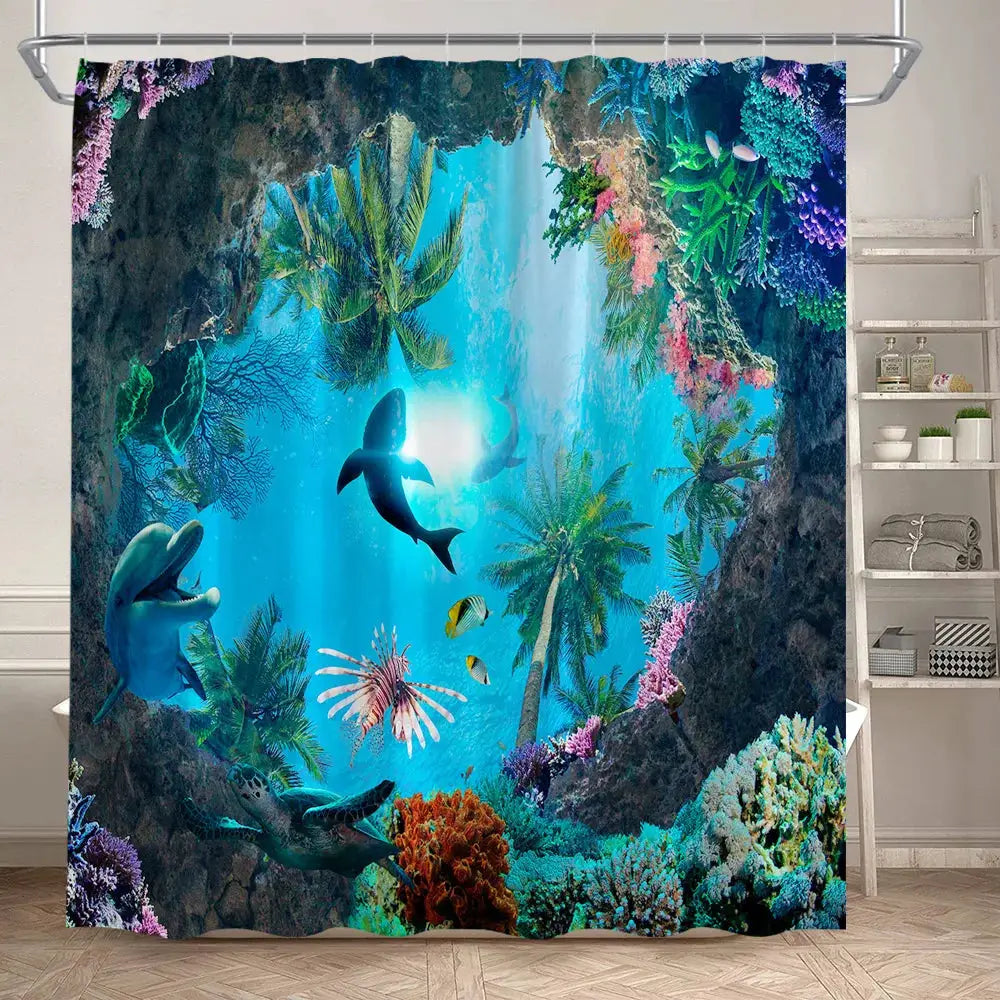 Ocean Animals Sea Turtle Shower Curtains Tropical Fish Coral Underwater Nature Scenery Child Bath Curtain Home Bathroom Decor from PriceLows™