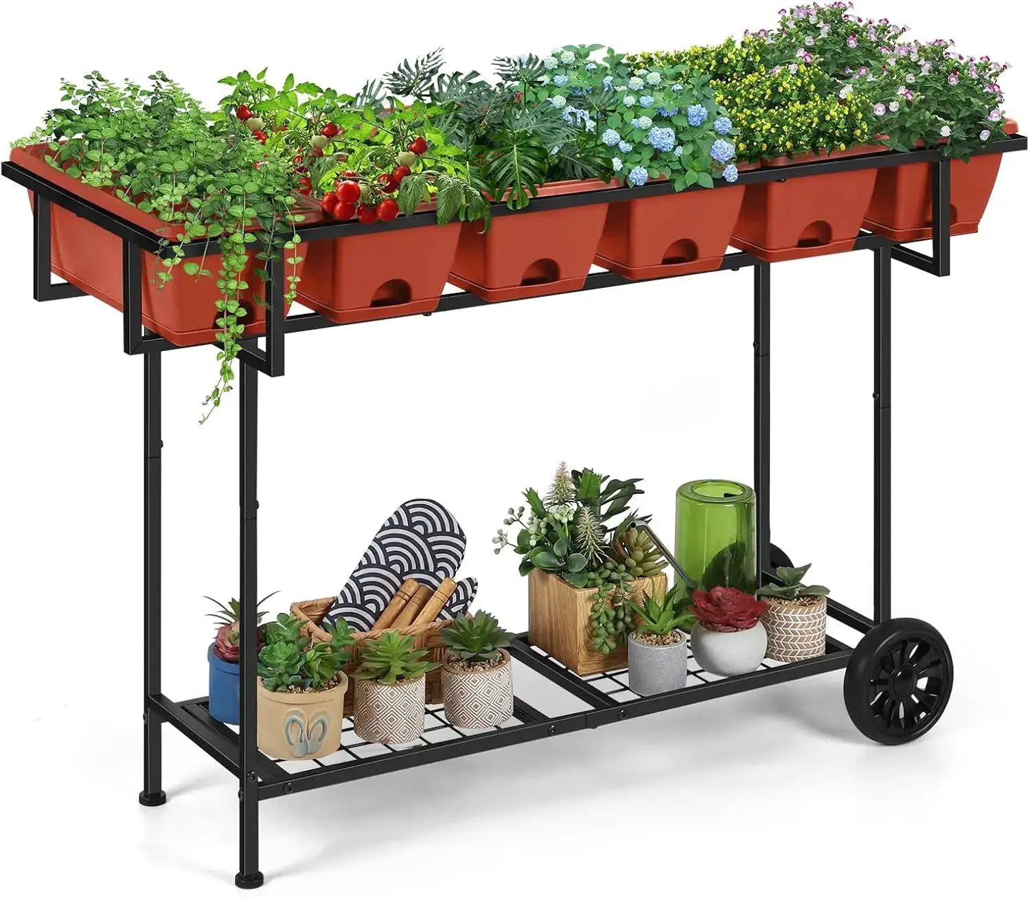 Elevated Raised Garden Bed Outdoor with Legs 43x17x29 in Plastic Standing Planter Box with Storage Shelf and Wheels Vege from PriceLows™