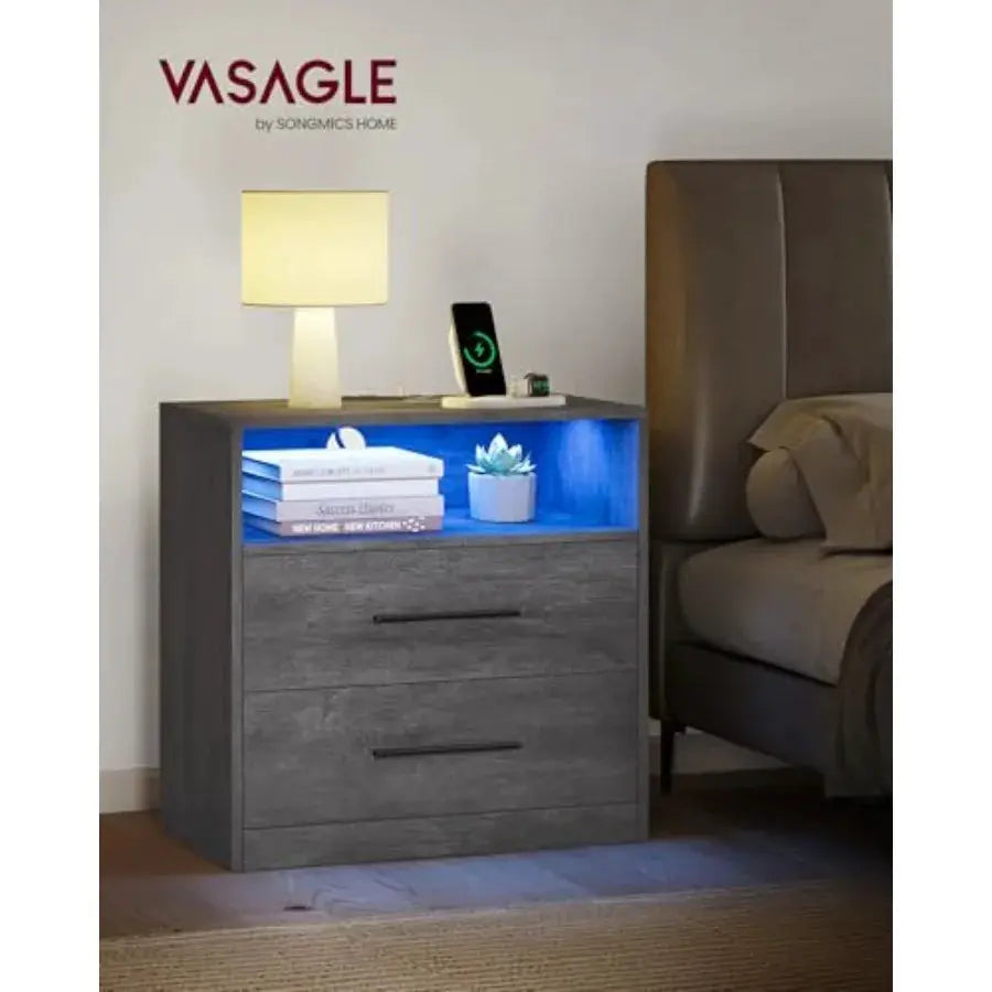 Custos Collection - 23.6 Inch Wide Nightstand with Charging Station, LED Lights, Night Stand, Side End Table with Drawers, Open from PriceLows™