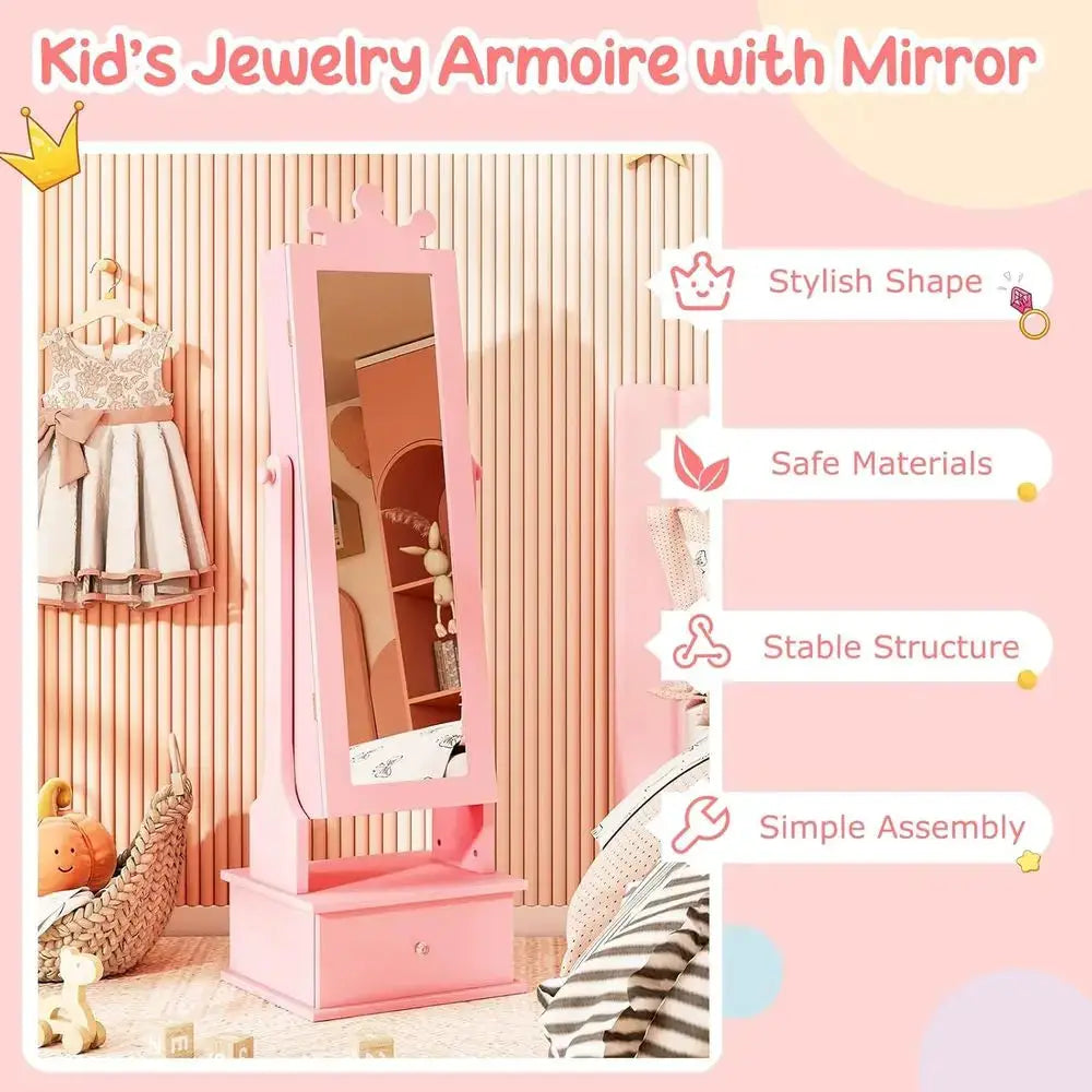 Children's Jewelry Armoire with Full-Length Mirror, 64 Ring Holders, Standing Storage Organizer for Girls, Pink from PriceLows™