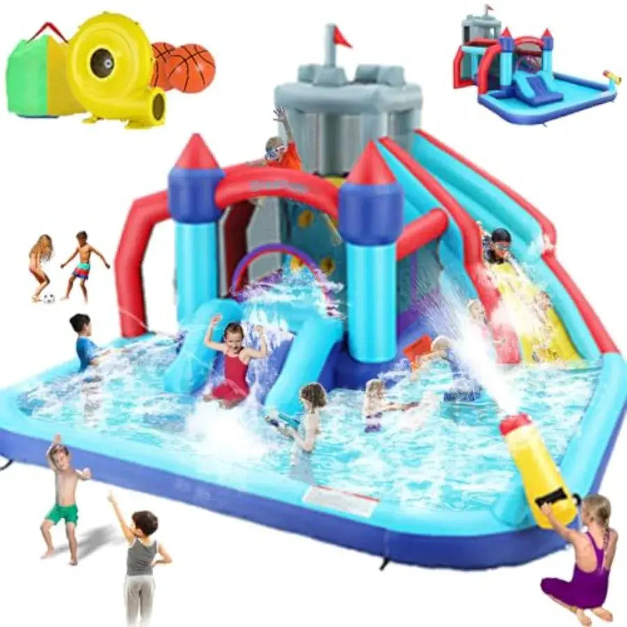 Outdoor water slide bounce house for kids 13x12FT inflatable vinyl blue and yellow 10-in-1 design with climbing wall jumping ar from PriceLows™
