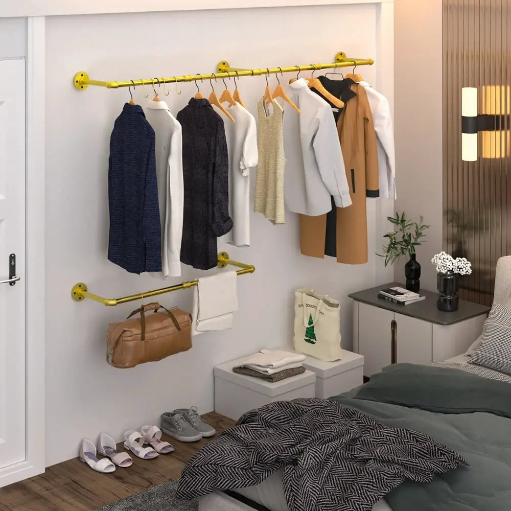 Wall Mounted Industrial Pipe Clothes Rack Bedroom Hanging Garment Rail Rack Space Saving Shelf from PriceLows™