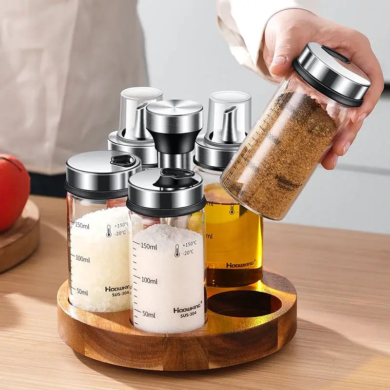 Rotating Seasoning Bottle Set | Glass Spice Jars | Rotating Rack | Various Sizes