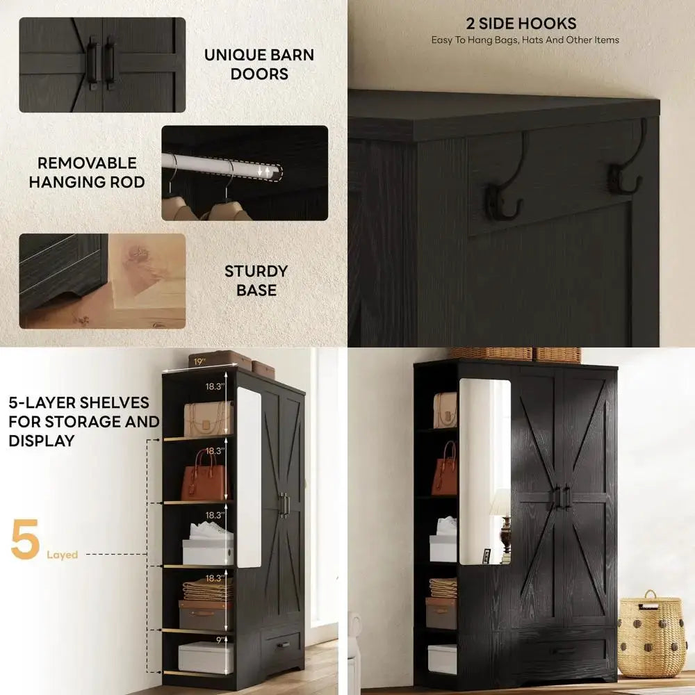 70 Large Wooden Wardrobe with Mirror, 2 Doors, Shelves & Hanging Rail for Bedroom Storage in Black from PriceLows™