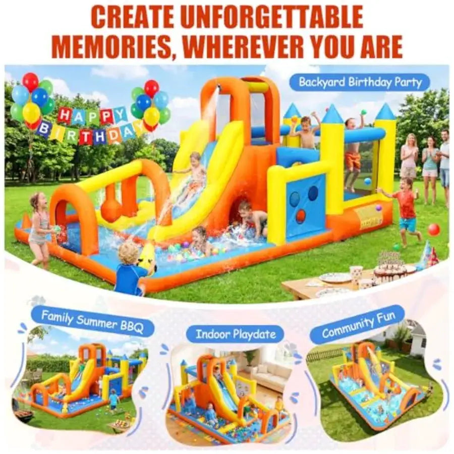 Backyard inflatable water slide bounce house for kids 3-12: 15ft mega park with long PVC slide, blue/red color, splash pool, ob from PriceLows™