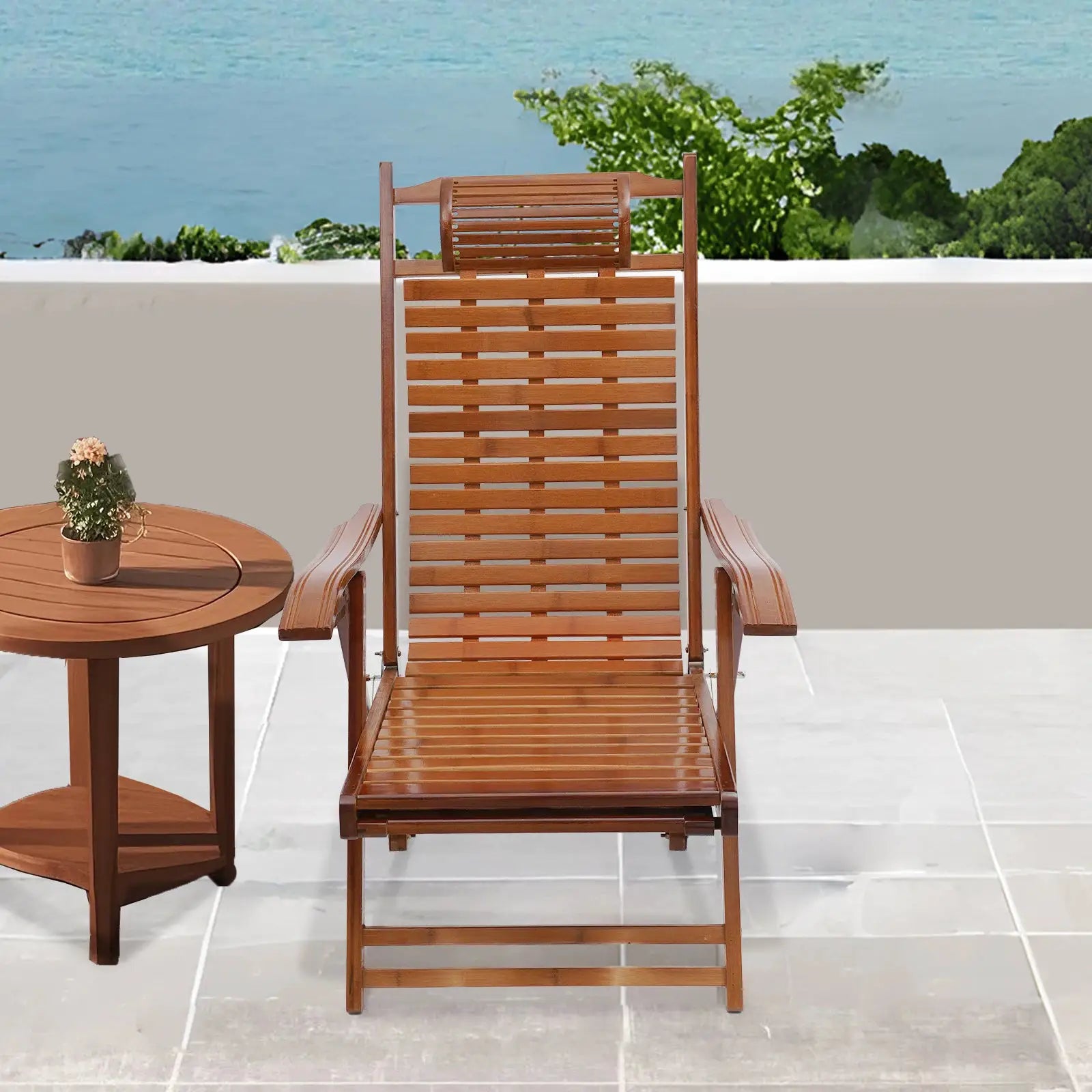 Bamboo Folding Lounge Chair Adjustable Backrest(Maximum 160°) Folding Chair with Massage Hammer for Terrace Bedroom Garden from PriceLows™