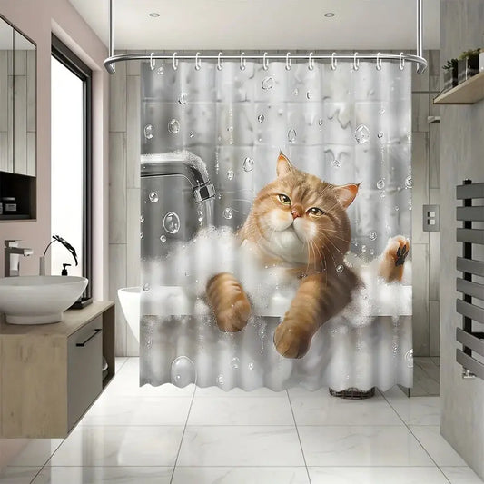 1pc Shower Curtain - Adorable Orange Cat in a Bathtub with Bubbles and Water Drops Design Waterproof from PriceLows™