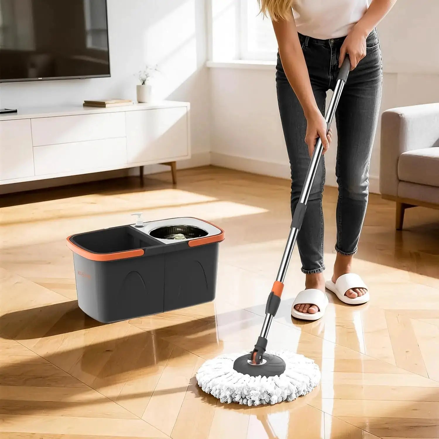 Foldable Spin Mop and Bucket System, Dual-Bucket Cleaning, 2 Reusable Microfiber Mop Heads for Floor Cleaning from PriceLows™