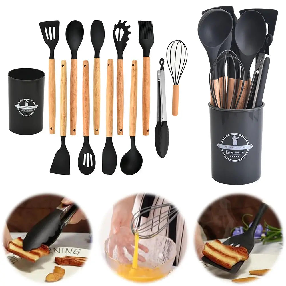12PCS Silicone Kitchenware Non-Stick Cookware Kitchen Utensils Set Spatula Shovel Spoon Brush Whisk Wooden Handle Cooking Tool from PriceLows™