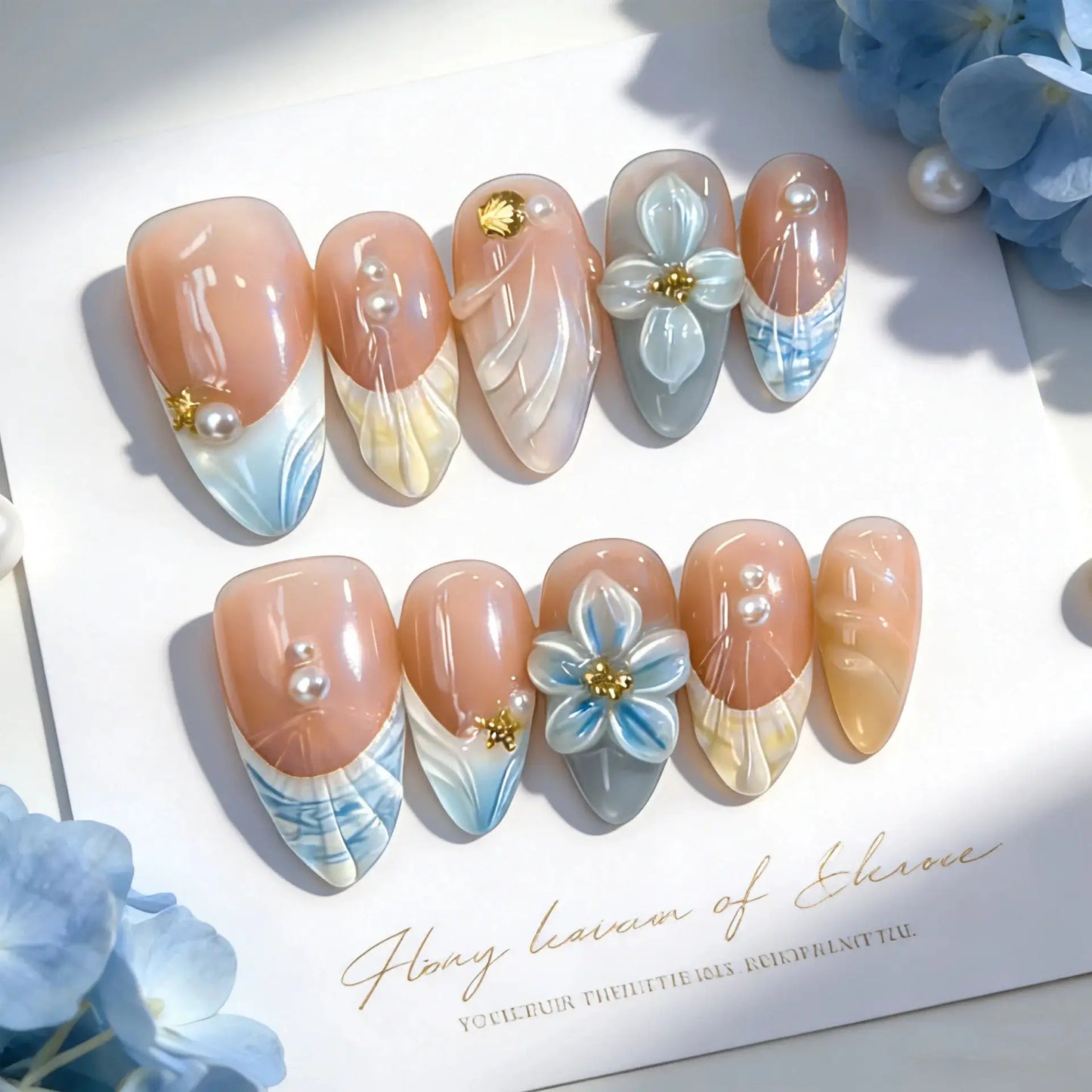 Press On Nails | 3D Seashell Design | Almond Shape | 24 Piece Set