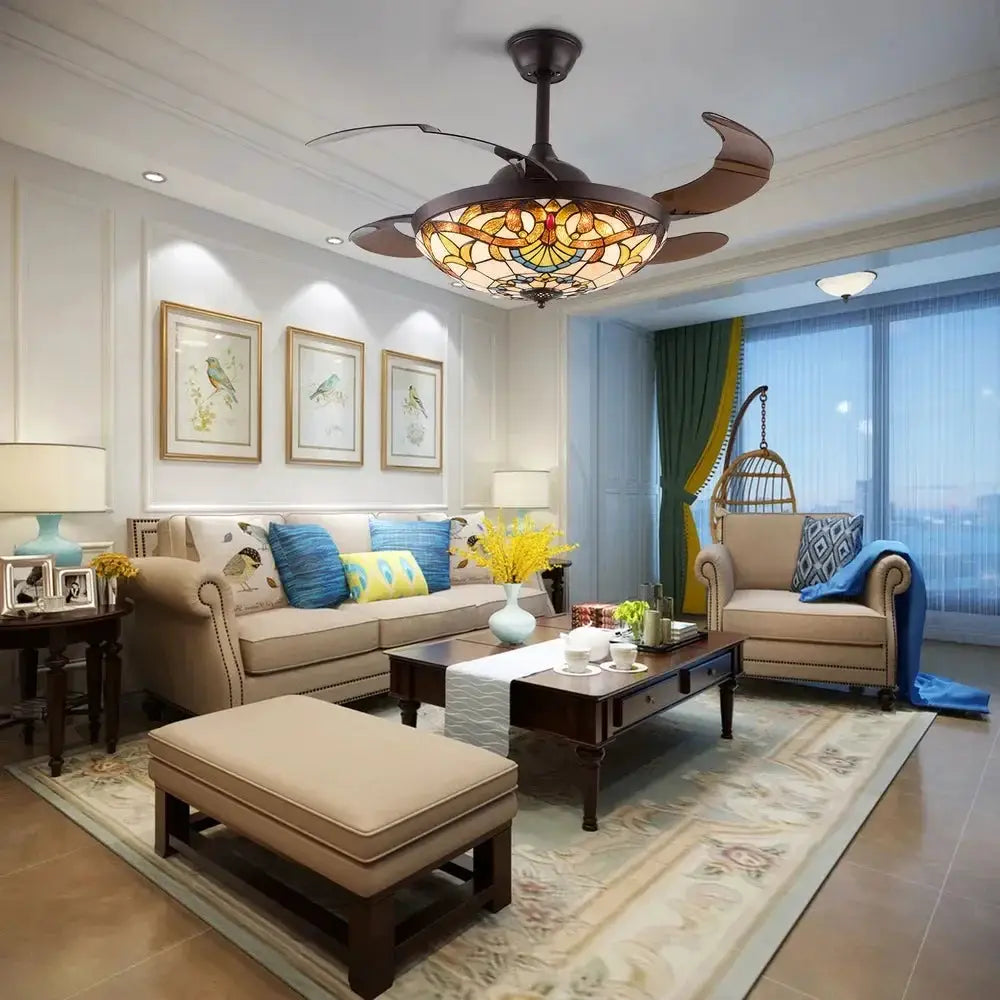 42 in Tiffany Style Ceiling Fan W/ Light, Remote Control, 3 Color Changing LED & 3 Speed Setting, Modern Fan for Living Room Use from PriceLows™