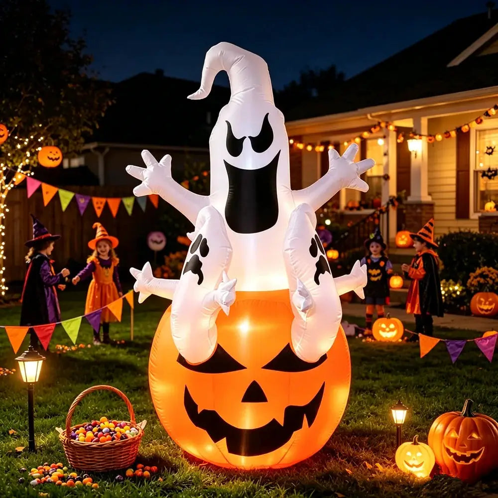 Ghost On Pumpkin Inflatable | 4 Ft Yard Decoration | Weather Resistant Fabric