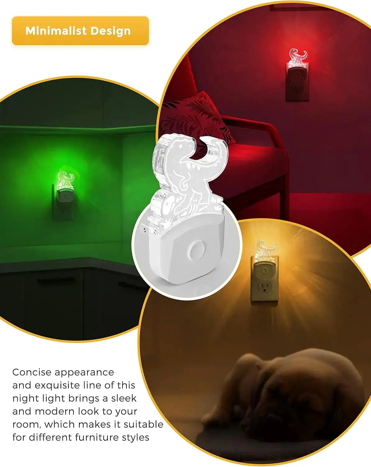 Dinosaur Night Light for Kids, Plug-in LED with Dusk-to-Dawn Sensor, 3 Modes, RGB+Warm White, Nursery Room Decor from PriceLows™