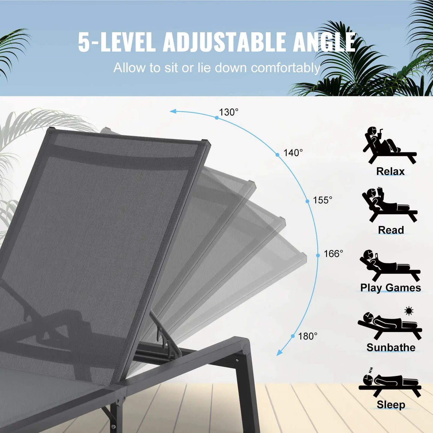 SucceBuy Chaise Lounge Chair Outdoor Aluminum Patio LoungeFolding Pool Lounge Recliner Full Flat for Patio Beach Pool Dark Grey from PriceLows™