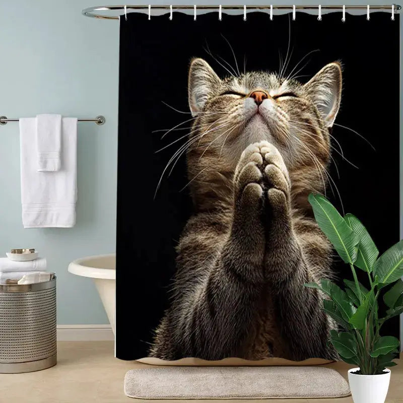 Funny Cat Shower Curtain, Praying Tabby Cat Print, Humorous Animal Bathroom Decor, Novelty Polyester Bath Curtain with Hooks from PriceLows™