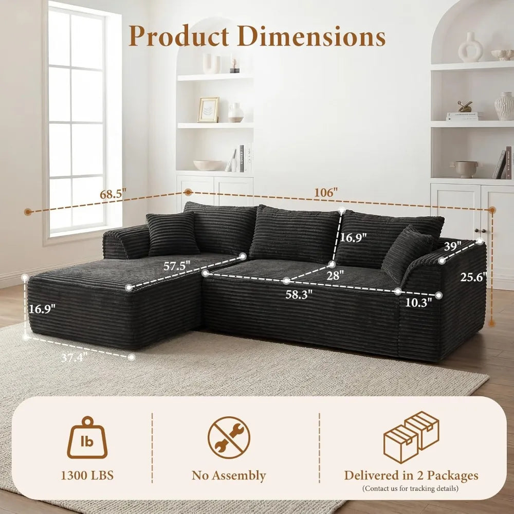 Modular Sofa | L-Shaped With Chaise | Corduroy Fabric