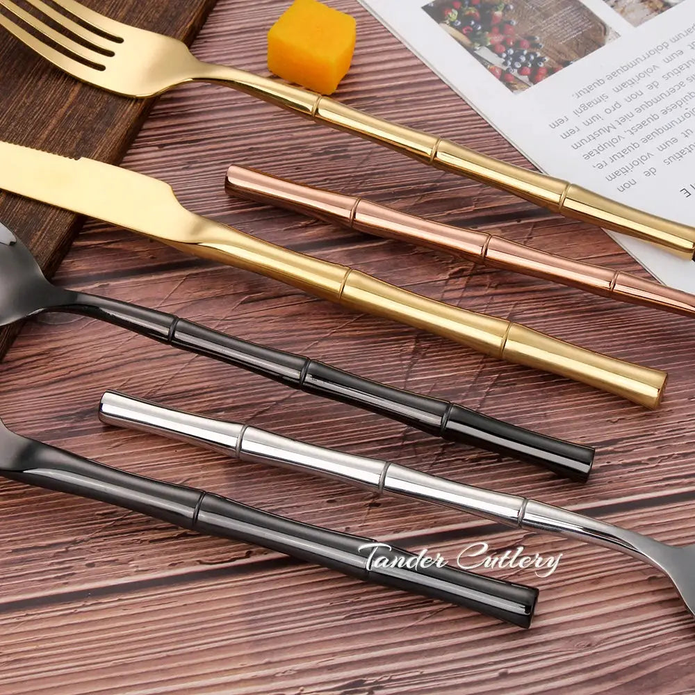 6/24/30Pcs Stainless Steel 304 Tableware Gold Cutlery Set Western Bamboo Shaped Handle Knife Fork Spoon Mirror Dinner Set from PriceLows™