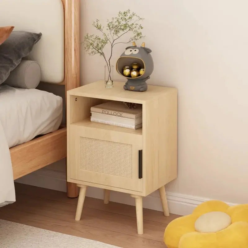 22.83'' Oak Wood Nightstand with Door and Open Shelf, Solid Wood Legs, Compact Bedroom Side Table for Dorm and Small Spaces from PriceLows™