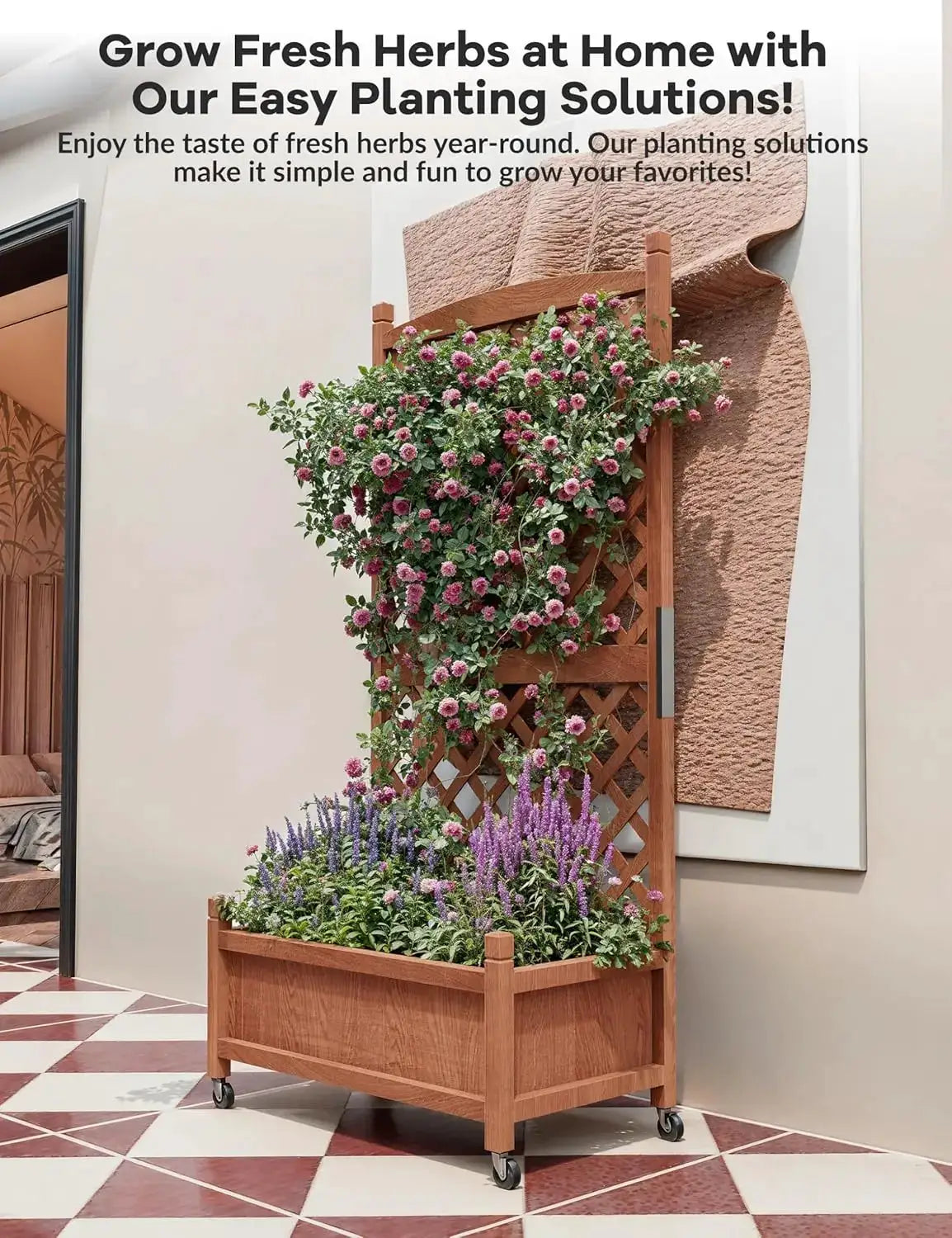 29.5" x 13"x 61.5" Wood Planter Box with Trellis for Plant & Flower, Raised Garden Bed with Wheels, Standing Vertical Ho from PriceLows™