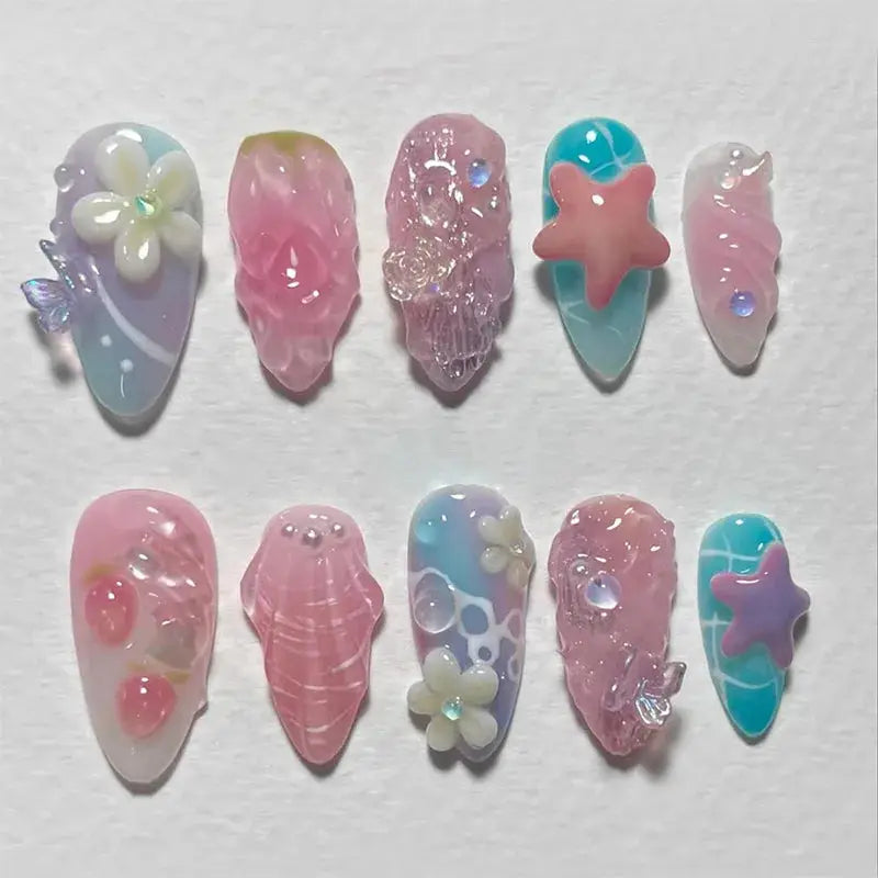 Press On Nails | 3D Seashell Design | Almond Shape | 24 Piece Set