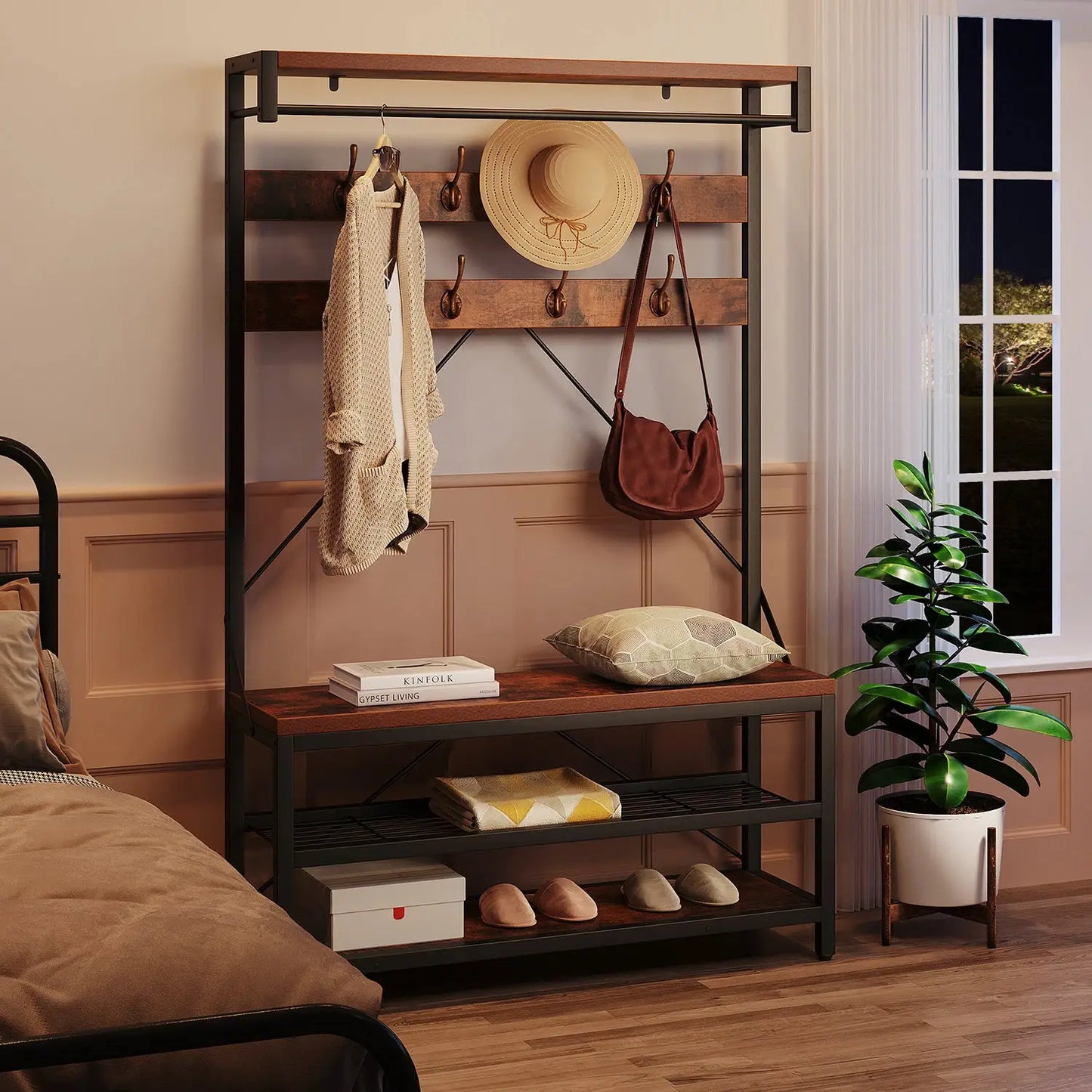 72Inch Tall Coat Rack 5-in-1 Shoe Rack Shoe Bench with Storage shelves 8 Hooks Industrial Accent Furniture Hallway Organizer from PriceLows™