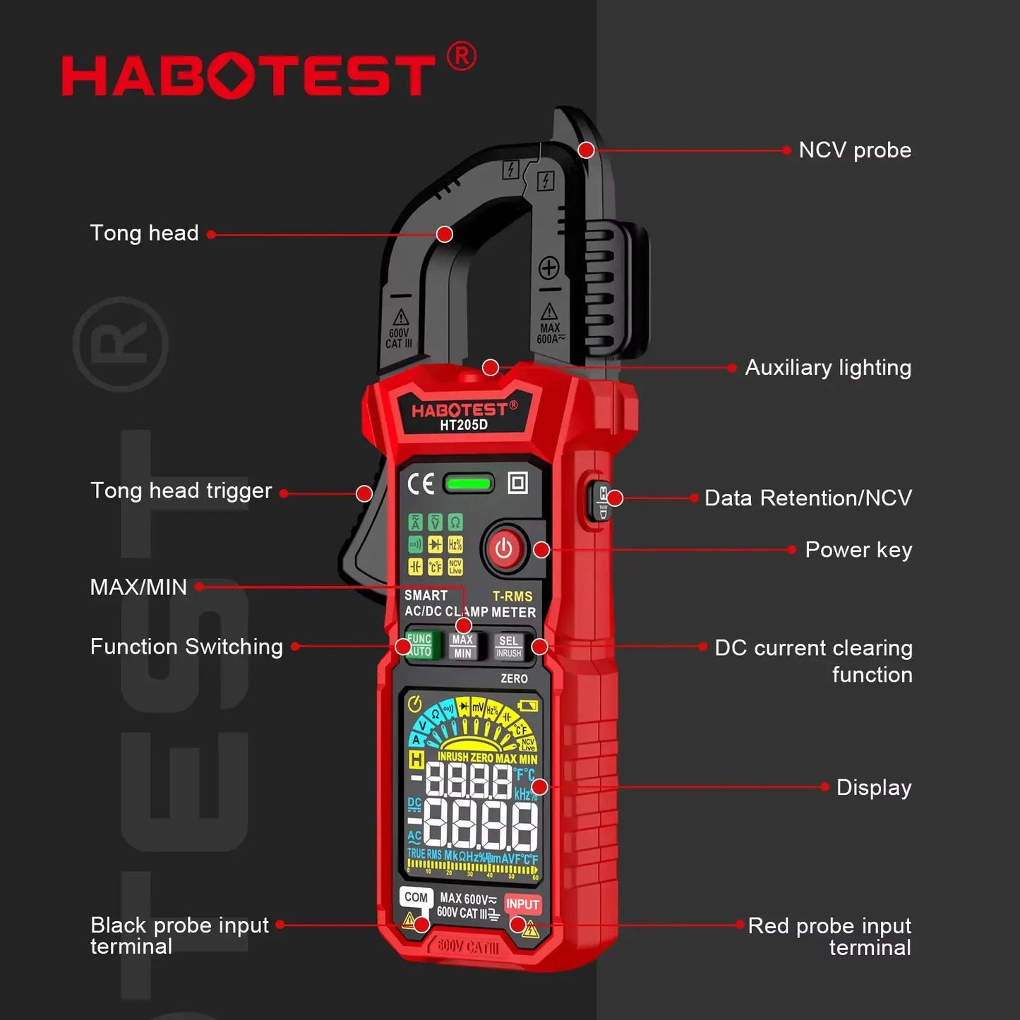 HABOTEST HT205 Clamp Meter 600A True RMS AC/DC Current Amp Meter Measures Current Voltage Temperature Capacitance Ohm Tester from PriceLows™