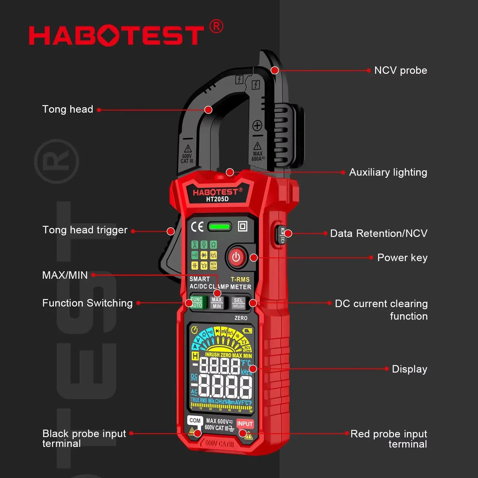 HABOTEST HT205 Clamp Meter 600A True RMS AC/DC Current Amp Meter Measures Current Voltage Temperature Capacitance Ohm Tester from PriceLows™
