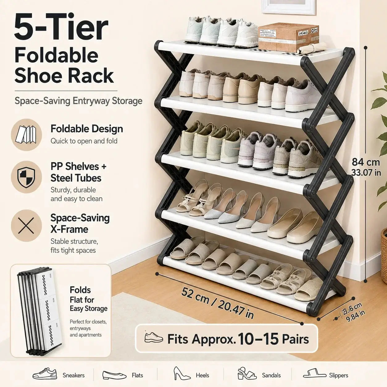 Joybos Foldable Shoe Rack, Space-Saving Entryway Shoe Organizer with Stable X-Frame, PP Shelves & Steel Tubes, No Assembly Needed from PriceLows™