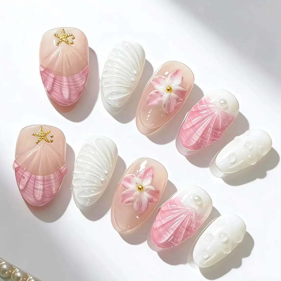 Press On Nails | 3D Seashell Design | Almond Shape | 24 Piece Set