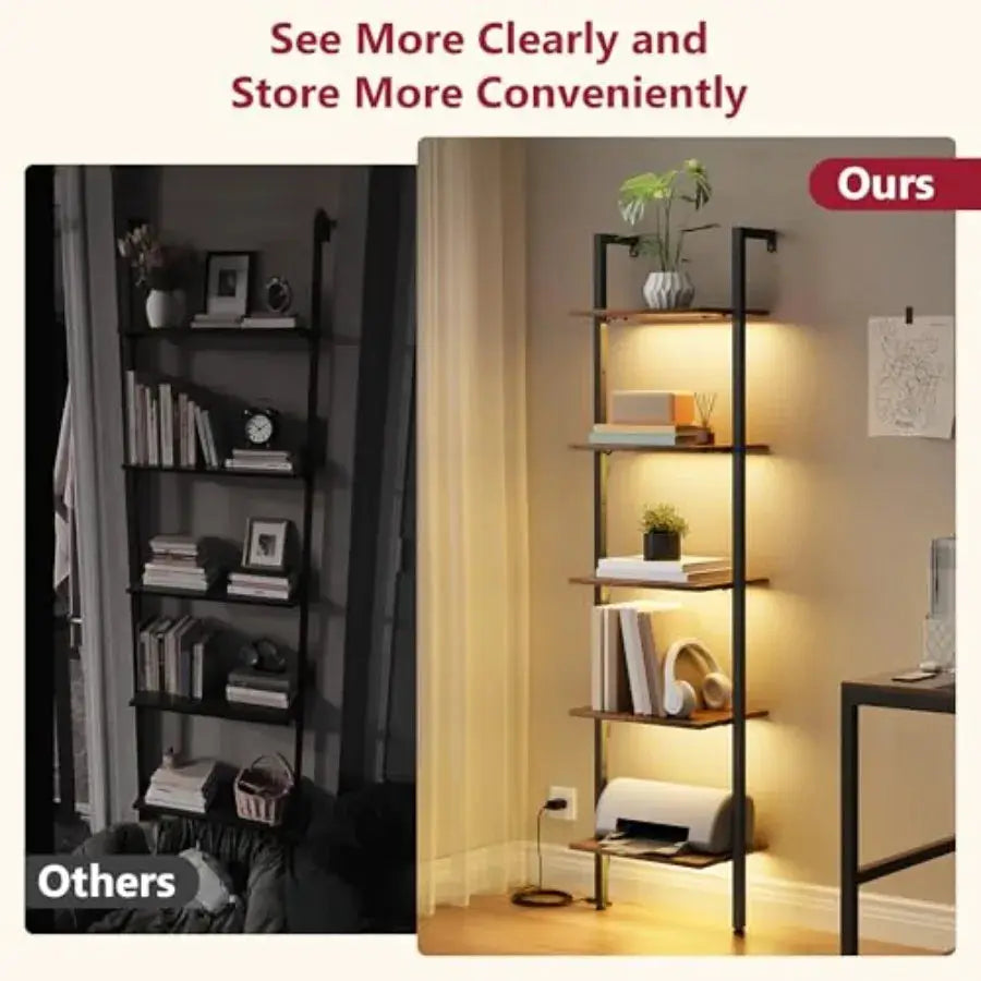 5-Tier Ladder Shelf with LED Light, Wall Mounted Ladder Bookshelf with Metal Frame, Wall Ladder Bookshelf for Living Room, Bedr from PriceLows™