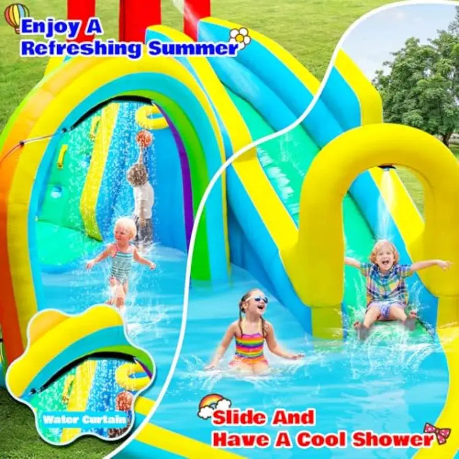 Inflatable Water Slide Park with Air Blower Bouncer House Rainbow Sprinkler Bouncy Castle for Climbing Wall Splash Pool from PriceLows™
