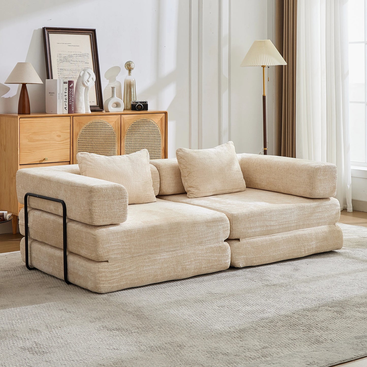 Convertible Sofa Bed | Wood Frame | Chenille Fabric | Beige