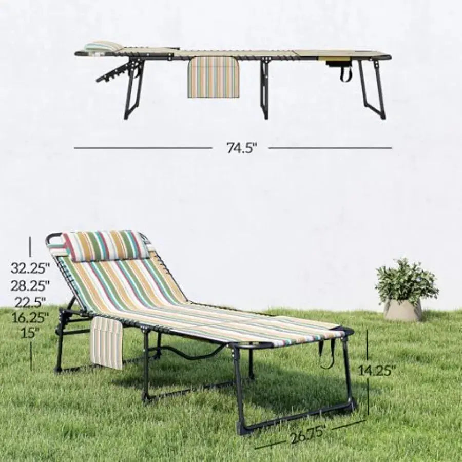 2 Piece Folding Chaise Lounge for Outdoor Use Polyester Rainbow Striped 5-Level Reclining with Face Hole Side Pocket Headrest from PriceLows™