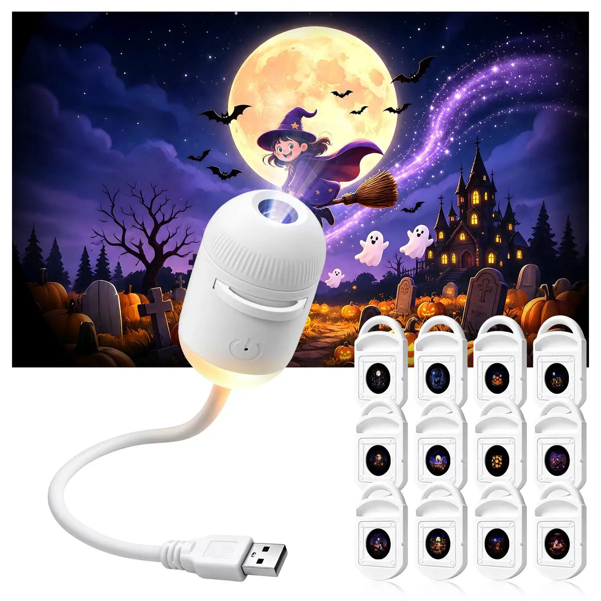 Halloween Projector Night Lamp | 12-in-1 LED Patterns | USB Powered | Wall & Car Decor