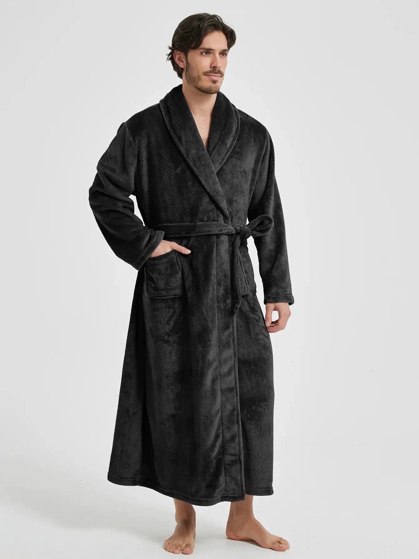 Men Bathrobe | Polyester Knit | Turn Down Collar | Winter Homewear