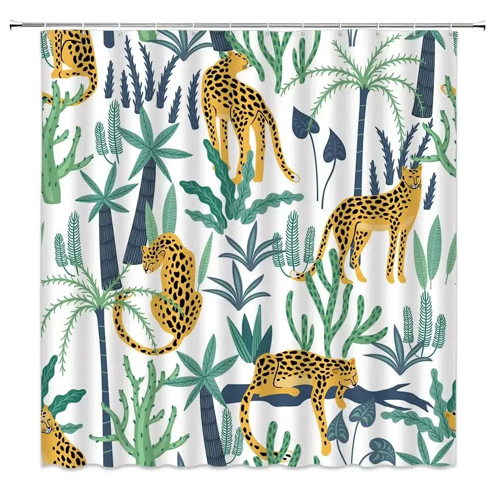 Boho Cheetah Shower Curtain,Tropical Leopard Wildlife Bath Curtain,Modern Pink Aesthetic Moon Phase Blue Floral Bathroom Curtain from PriceLows™
