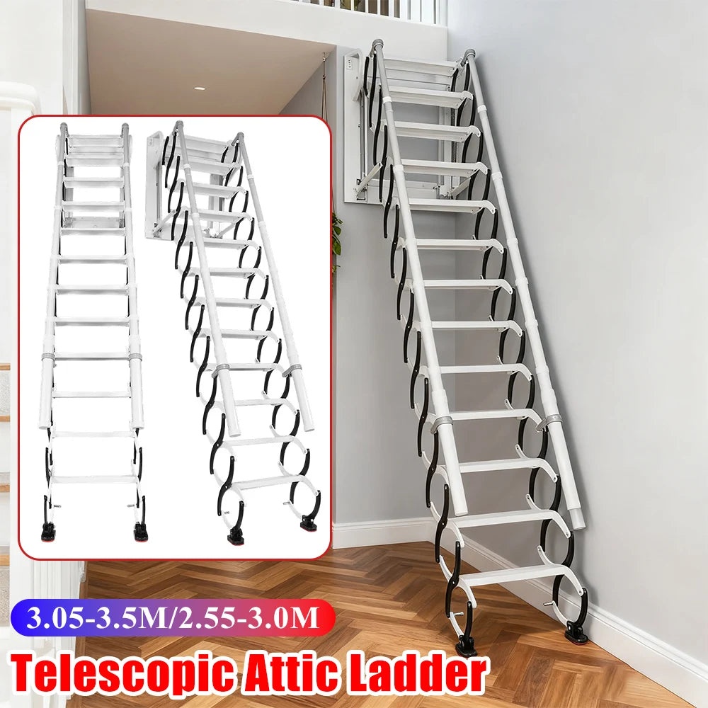 11 Steps Wall-Mounted Folding Steel Attic Ladder with 2Handrails Telescopic Attic Ladder Retractable Loft Ladder for Home Indoor from PriceLows™