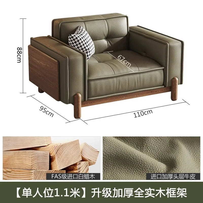 Sofa | Top-Grain Cowhide Leather | Solid Wood Frame | Small Space Living Room