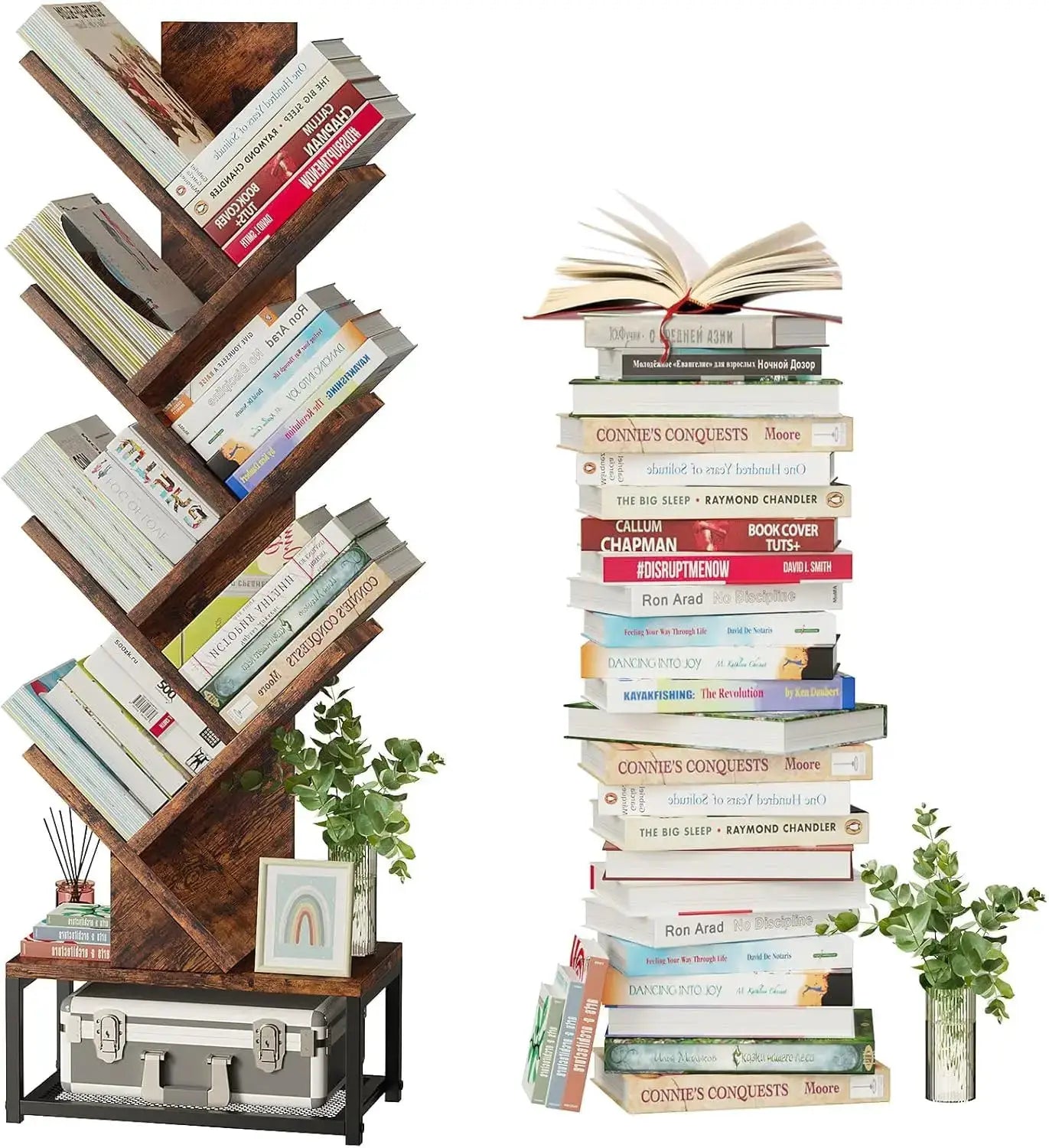 Tree Shaped Bookshelf 6 Tier Rustic Wooden Bookcase With Metal Base For Living Room Bedroom Office from PriceLows™
