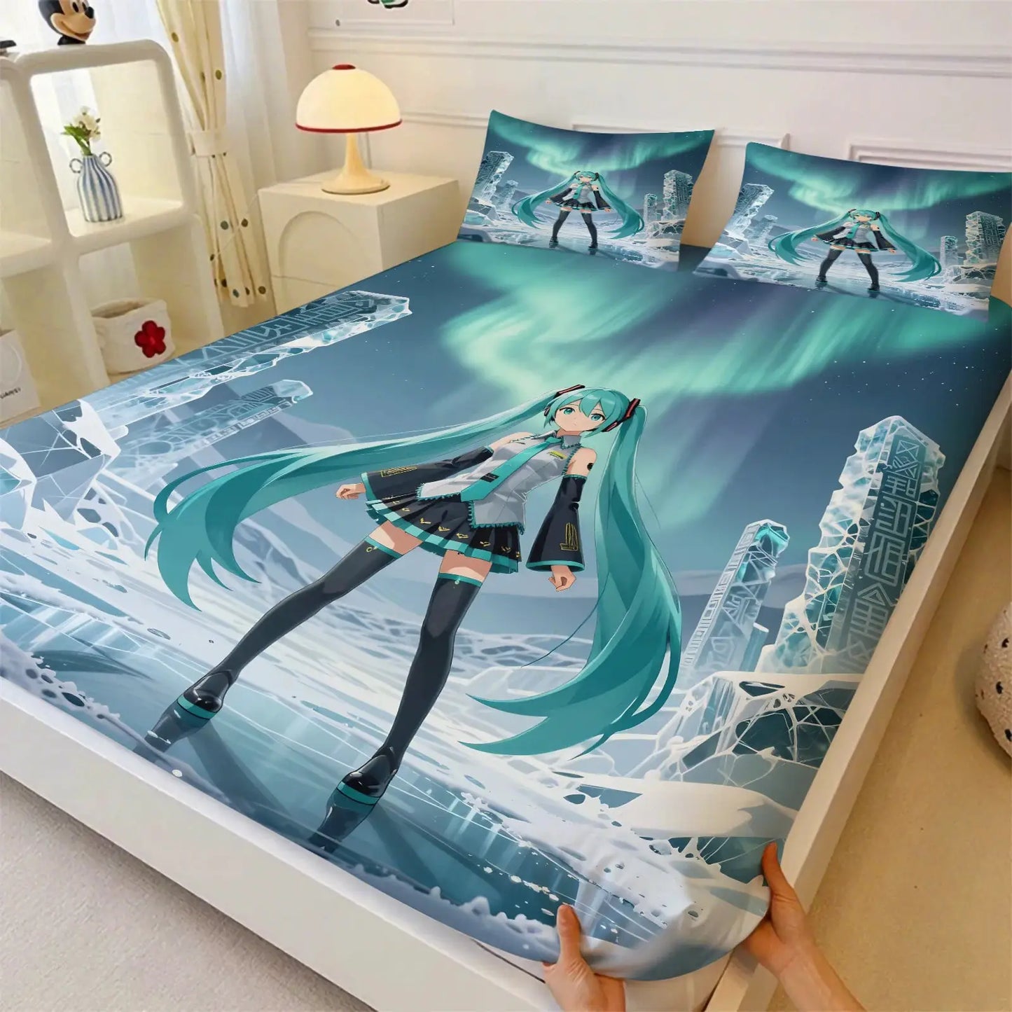 3Pcs Hatsune Miku Fitted Sheet Set with 2 Pillowcases Ink Wash Temple Anime Bedding Set Soft Deep Pocket for Fan Bedroom Decor from PriceLows™