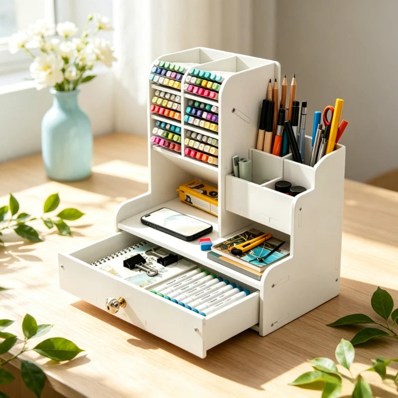 Wooden Desk Organizer | 10-Slot Pen Pencil Holder | Single Drawer | One Size