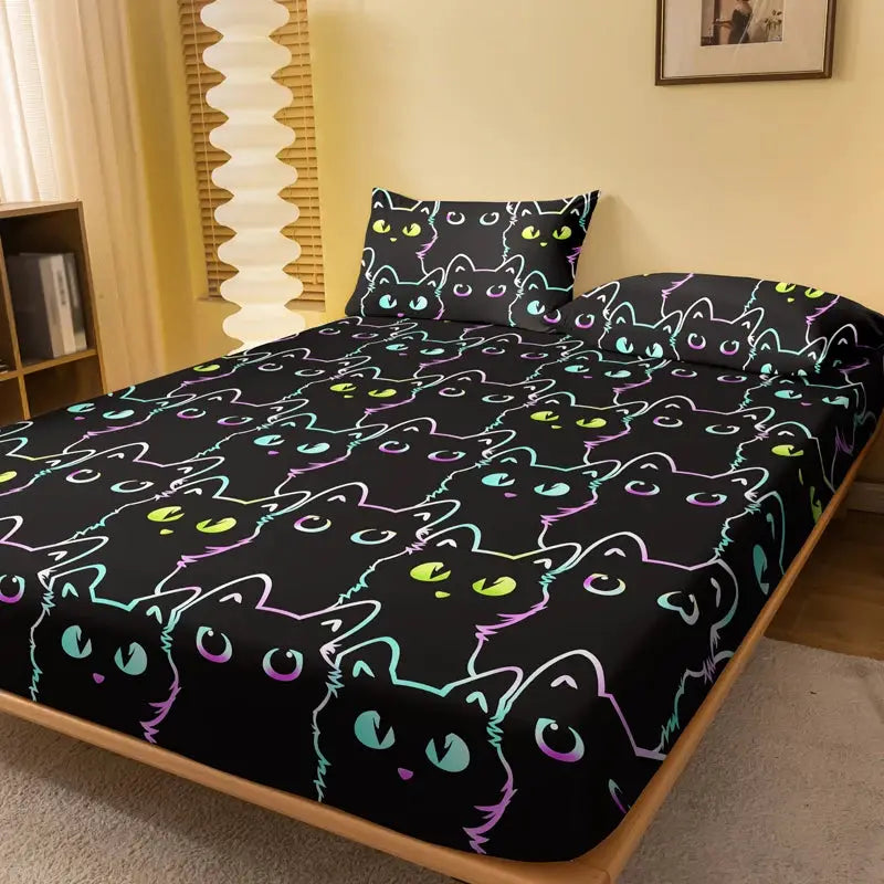 1 Simple modern animal little cat printed matte Fitted Sheet, bedroom printed bed cover, bedding (excluding pillowcases) from PriceLows™
