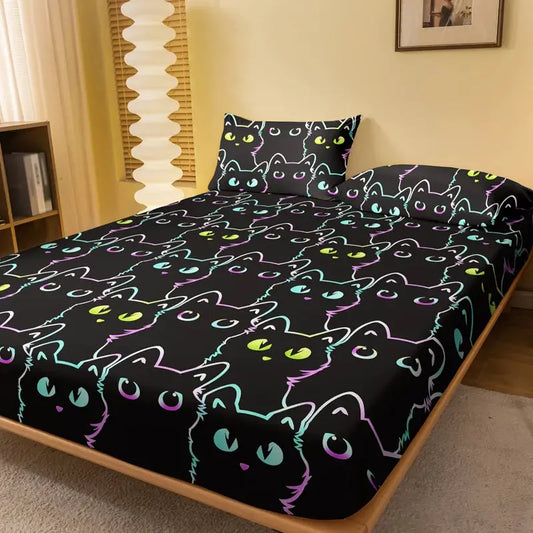 1 Simple modern animal little cat printed matte Fitted Sheet, bedroom printed bed cover, bedding (excluding pillowcases) from PriceLows™