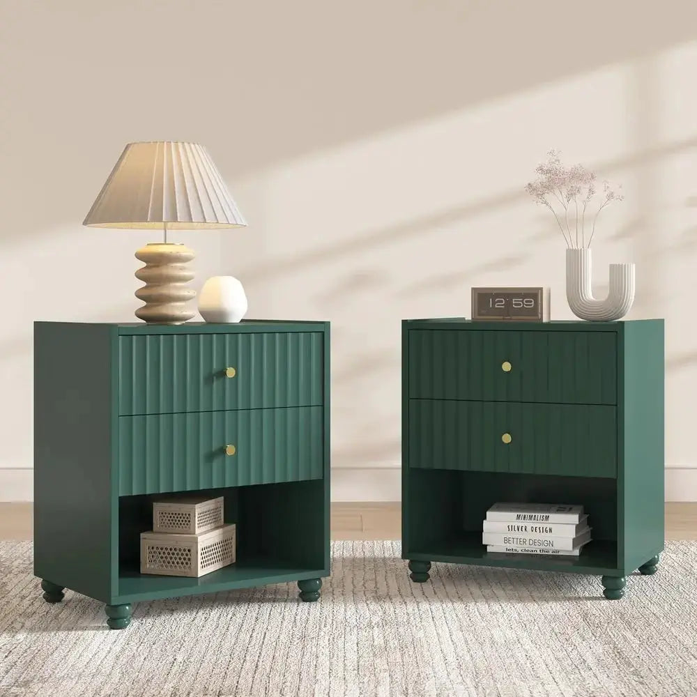 Green 2-Piece Nightstand Set with Open Shelf and 2 Drawers for Bedroom from PriceLows™