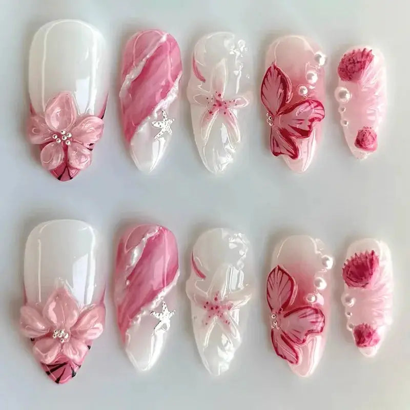 Press On Nails | 3D Seashell Design | Almond Shape | 24 Piece Set
