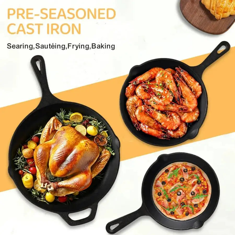 Cast Iron Skillet 3Piece Set, HeavyDuty Professional Restaurant Chef Quality PreSeasoned Pan Cookware Set, 6, 8, 10 Pans For Fry from PriceLows™