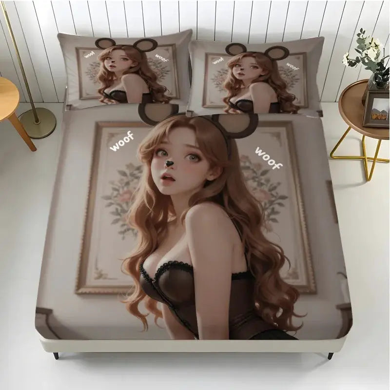 Anime Woof Woof Girl Fitted Sheet, Soft Microfiber Bed Sheet with Pillowcases, Mouse Ear Cosplay Style Mattress Cover for Teens from PriceLows™