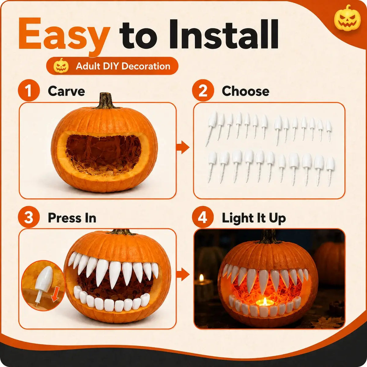 3D Printed Pumpkin Teeth | Plastic | Halloween Fangs | Set