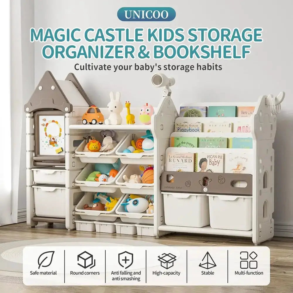 14-Bin Playroom Storage Organizer and Bookcase, Toddler HDPE Shelving with Ding Board, Suitable for Nursery, Bedroom, and Playro from PriceLows™