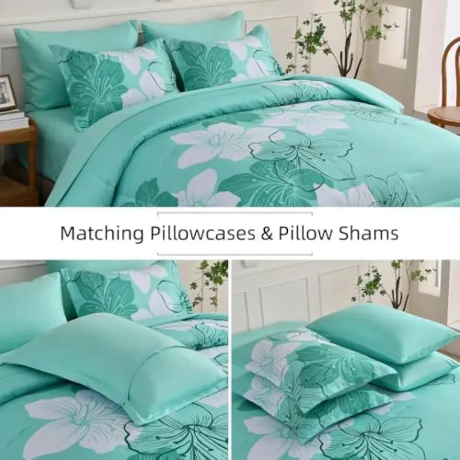 Comforter Set Size 7 Pieces Bed in a Bag, Turquoise Floral Comforter and Sheet Set, Soft Microfiber Complete Summer Bedding Set from PriceLows™